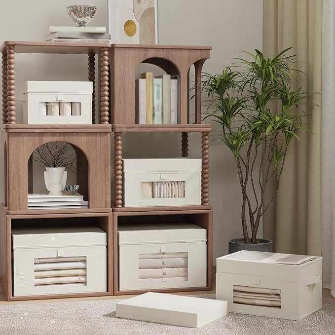 Storage Bins with Lid & Window, 1 Pack, Beige, 13x9x7.9 In | Foldable Transparent Window Cube Organizer Basket with Lid and 2 Handles, Storage Boxes for Shelves with Cover - Image 2