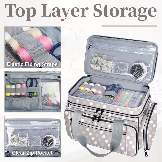 Anitor Sewing Supplies Organizer, Double Layer Sewing Storage Organizer | Two Detachable Dividers, Large Travel Sewing Bag Organizer with Shoulder Strap for Accessories (Bag Only) - Image 4