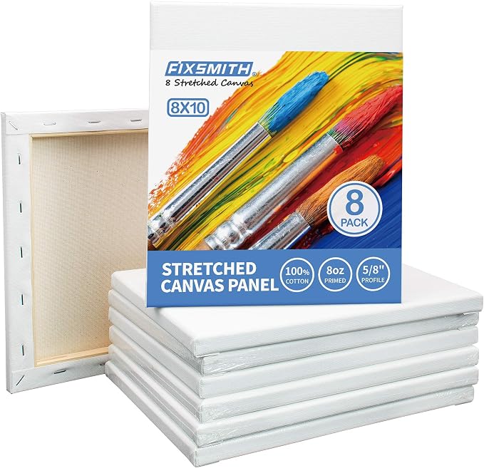 Stretched Canvas for Painting- 8x10 Inch,Bulk Pack of 8,Primed,100% Cotton,5/8 Inch Profile of Super Value Pack for Acrylics,Oils & Other Painting Media by FIXSMITH