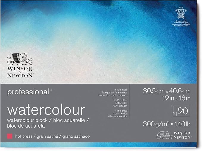 Winsor & Newton Professional Watercolor Paper Block, 12" x 16", Hot Pressed | 100% cotton, hot-pressed watercolor block offering a silky smooth surface ideal for fine detail and wash work. by WinsorNewton