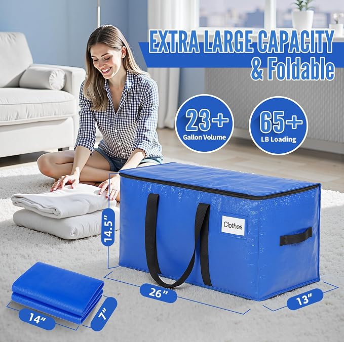 BAGAIL Heavy Duty Moving Bags with Strong Handle, Extra Large Moving Boxes, Storage Tote for Clothes, College Moving Supplies(Blue, 4 Pack) - Image 2