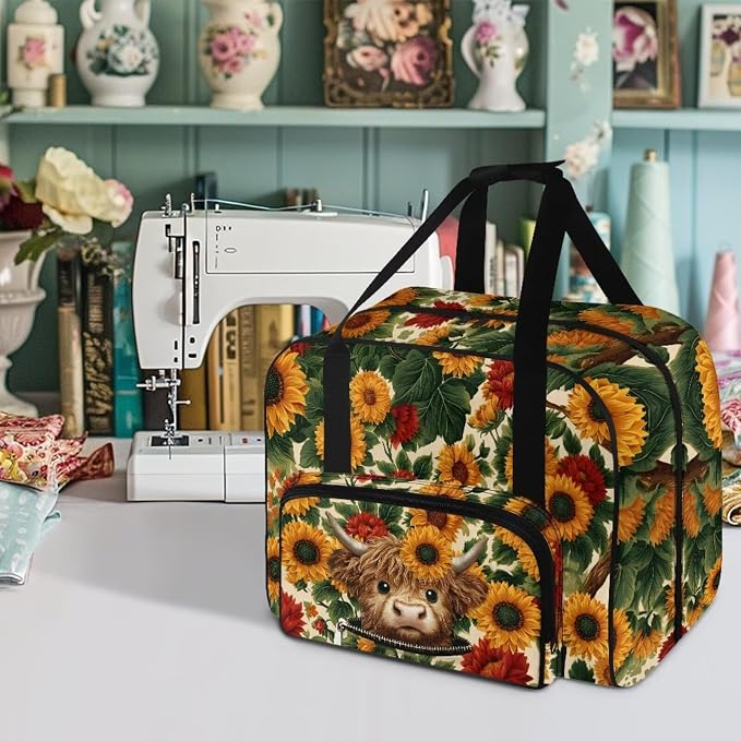 Highland Cow Carrying Travel Storage Sunflower Sewing Machine Bag Case with 4 Bottom Rubber Pads Portable Carrying Totes Easy to Clean Sewing Machine Storage Bag - Image 2