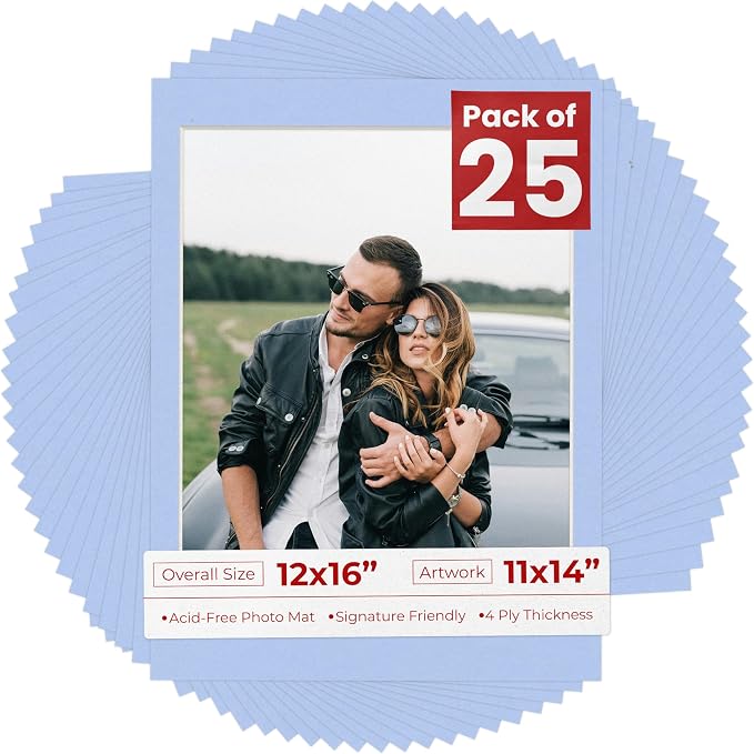 11x14 Mat for 12x16 Frame - Precut Mat Board Acid-Free Baby Blue 11x14 Photo Matte For a 12x16 Picture Frame, Premium Matboard for Family Photos, Show Kits, Art, Picture Framing, Pack of 25 Mats by PosterPalooza