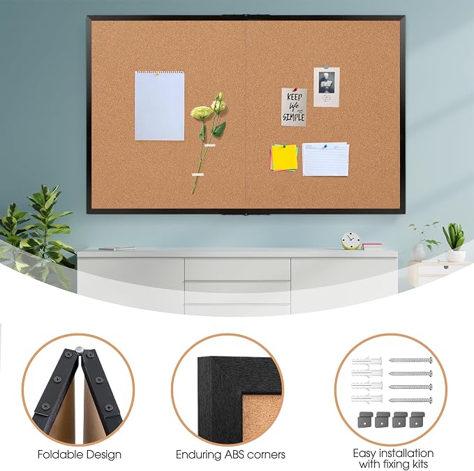 Extra Large Cork Bulletin Board 72" X 48", Foldable Notice Pin Board for Wall, Black Wood Framed 6'x4' Corkboard, Wall Mounted Noticeboard with 32 Push Pins for School, Home & Office - Image 5
