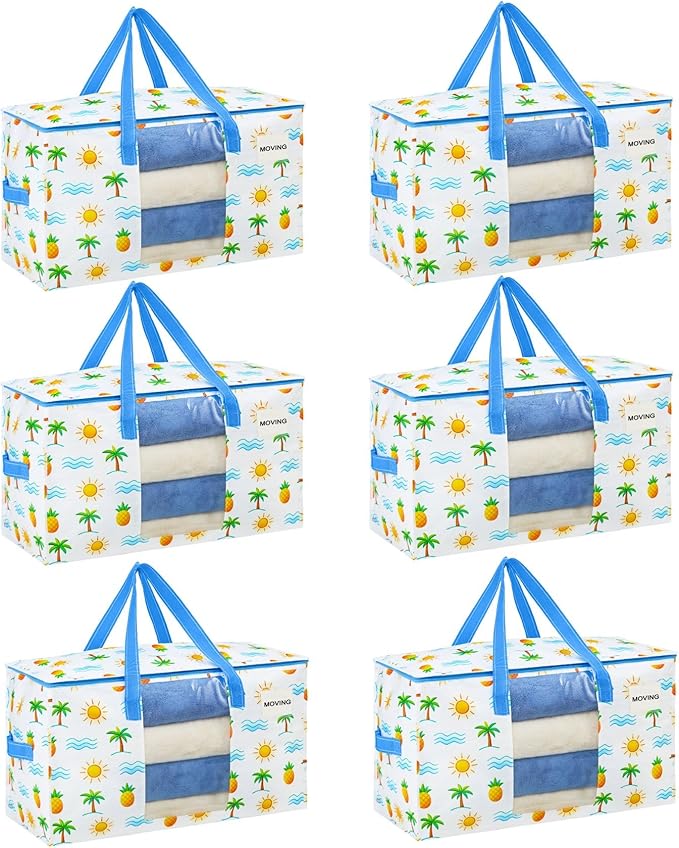 VENO Moving Bags, Wide Open Top, Clear Window, Tropical Island, 6 Pack | Moving boxes Alternative, Heavy Duty, Storage Bags, Clothes and Comforter Storage, Packing Supplies, College Dorm Essentials by Veno