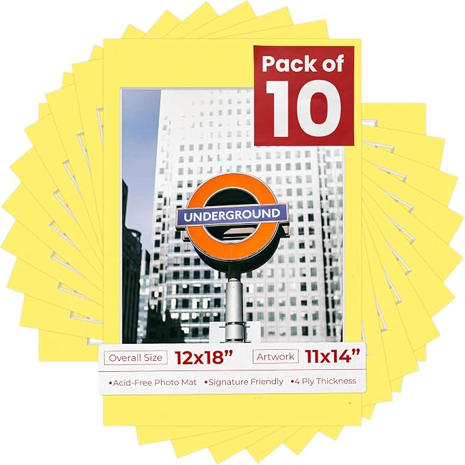 11x14 Mat for 12x18 Frame - Precut Mat Board Acid-Free Show Kit with Backing Board, and Clear Bags Yellow 11x14 Photo Matte Made to Fit a 12x18 Picture Frame Matboard for Framing, Pack of 10 Mats by PosterPalooza
