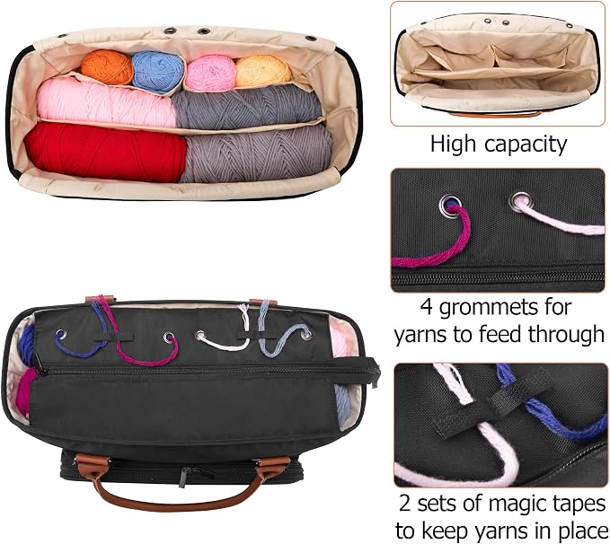 Yarwo Large Knitting Tote Bag with Crochet Hook & Needles Organizer Pockets | Yarn Storage Bag for WIP Projects, 14” Knitting Needles, Yarn Skeins, 4 Yarn Holes, Christmas & New Beginning Gifts for Women - Image 4