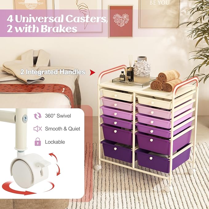 DREAMADE Rolling Cart with Storage Drawers, Utility Cart w/Removable Plastic Drawers, Lockable Wheels, Art Cart for Classroom Organization Art Supplies Office Scrapbook (12 Drawers, Purple Gradient) - Image 5