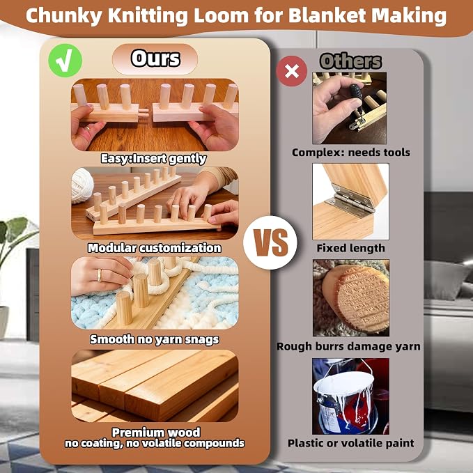 QAMGCYW 75" Chunky Yarn Loom, Beginner Hand Knitting Loom with Detachable Wooden Frame, Adjustable Size No Needles, DIY Blanket Weaving Loom, Premium Wood No Coating - Image 6
