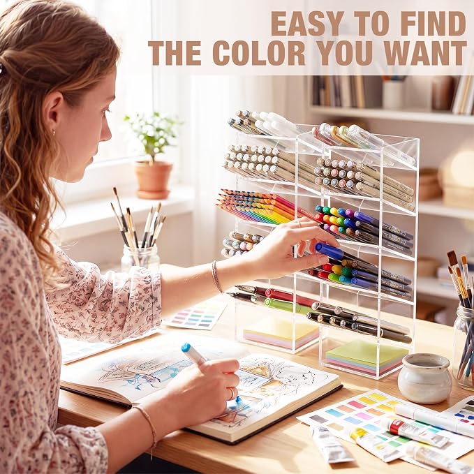 MotiMind Acrylic Pen Organizer Storage for 60 Markers Vertical Marker Organizer Acrylic Pen Display Holder for Office Desk Desktop Stationery Pencil Storage, Clear, 3.4 x 4 x 13 Inch - Image 6