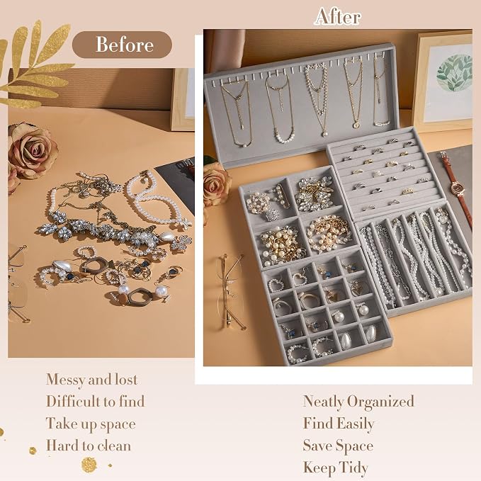 Cinnvoice Set of 5 Stackable Jewelry Organizer Trays for Drawer 14 Inch Velvet Jewelry Drawer Insert Display Storage with Removable Divider for Necklace Earring Ring Watch Bracelet (Gray) - Image 5