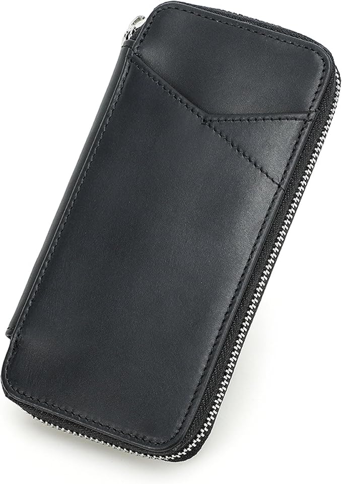 Top Grain Genuine Leather 4 Fountain Pen/Pencil Case Pouch, Handmade Minimalist Design, Zipper Closure with Multi-Function & Slots, Gift Choice for Man/Woman/Office, Glossy Black, 4 Slots by CataPurusLeatherCrafts