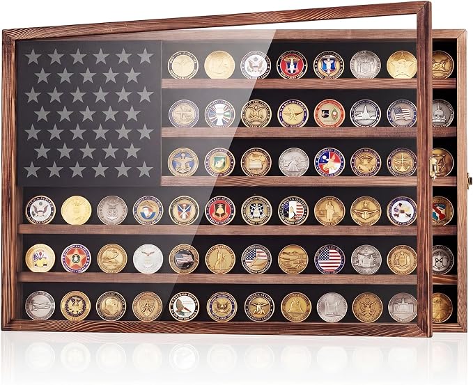 Cinnvoice Large Challenge Coin Display Case, 27.6" L x 18.1" W Military Coin Holder Cabinet with Lockable Wall Mount Design, Wooden Shadow Box with Clear Acrylic Door for Collection Display(Wood) by Cinnvoice