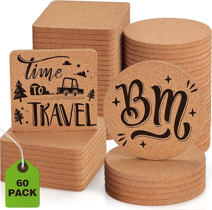 60 PCS Cork Coasters for Laser Engraving, Thick Absorbent Blank Coasters | 4 Inch Heat Resistant Coffee Table Coaster Bulk Plant Saucers Home Decor for Wood Burning, DIY Crafts, Wedding, Party by GOHDODD