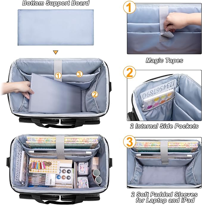 Rolling Scrapbook Bag, Craft Tote with Wheels for Paper, Ablum, Gray | Crafts Supplies Tote with Wheels, with 2 detachable zipper pouches, Removable Bottom Board, Shoulder Straps, Large Capacity - Image 2