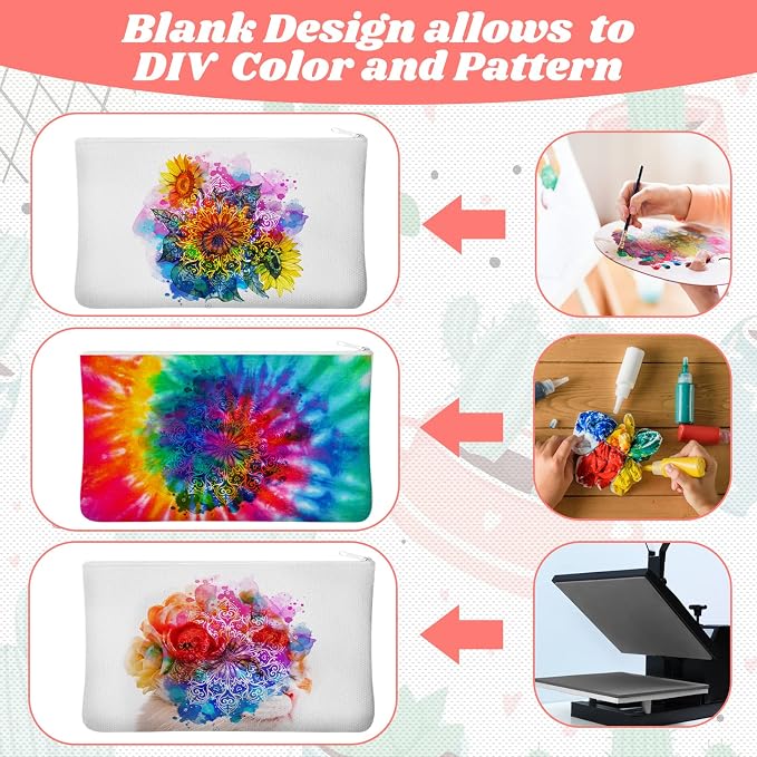 Frienda 50 Pcs Sublimation Blank Canvas Makeup Bags Bulk DIY Heat Transfer Canvas Pen Case Pencil Cosmetic Makeup Bags Clear Sublimation Blank Pouch with Zipper (9 x 6.89 Inch,White) - Image 3