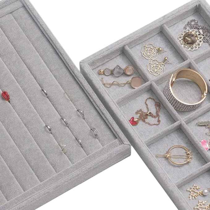 DIOMMELL 5 Pack Stackable Velvet Jewelry Trays Organizer, Jewelry Display Storage Box Showcase Holder Dresser Drawer Organizer for Earring Necklace Bracelet Ring Accessary, Grey - Image 3