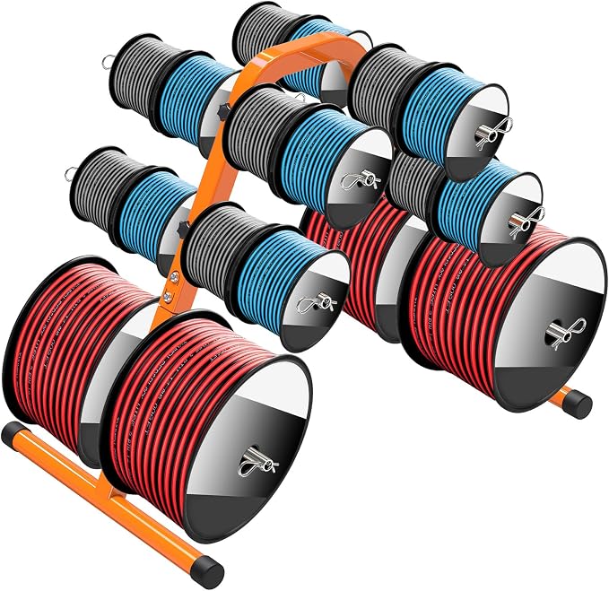 SELEWARE Portable Wire Spool Caddy, Cable Dispenser with 6 Adjustable Rods | Orange Electrical Wire Caddy, Heavy-Duty Steel Wire Spool Rack for Effortless Spool Storage & Dispensing - Image 3