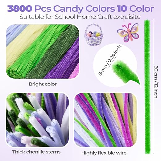 Libima 3800 Pcs Pipe Cleaners Bulk 10 Colors Chenille Stems Craft Supplies 12" Long Fuzzy Sticks 6 mm Teacher Welcome Back Gifts DIY Flower Kits for Art Bouquet Creative Activity Decor (Purple) - Image 6