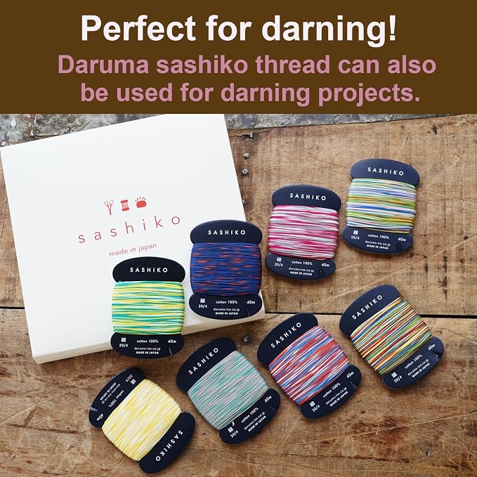 DARUMA Sashiko Thread 100% Cotton Card Type (43.7 yd) x 8 Colors with English Manual, Sewing & Embroidery Value Set with Gift Package (Thin, Kasuri) - Image 4