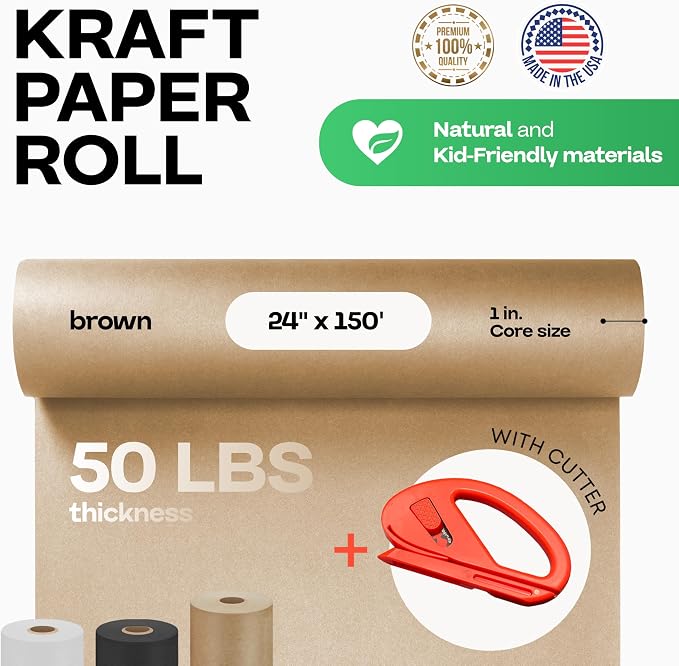 Brown Kraft Paper Roll 24" x 1800" (150 feet) with Cutter - USA-Made - Image 2