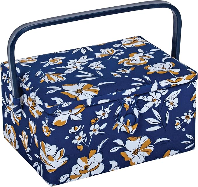 Hobby Gift Medium Sewing Box Organiser, Fabric Covered Storage Box with Handle, Internal Tray, Pin Cushion and Pocket for Sewing, Quilting and Knitting Supplies by HobbyGift
