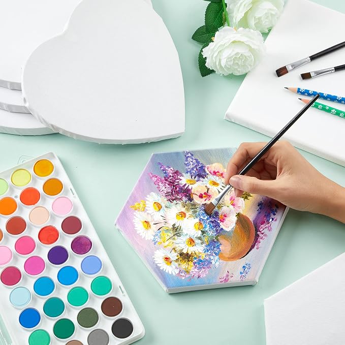 Thenshop 24 Pieces Stretched Canvas for Painting Bulk Blank Canvas Board, Square Round Hexagon Heart Shaped Frame for Kids Art Supplies for Acrylic Pouring Oil Painting(Hexagon) - Image 4