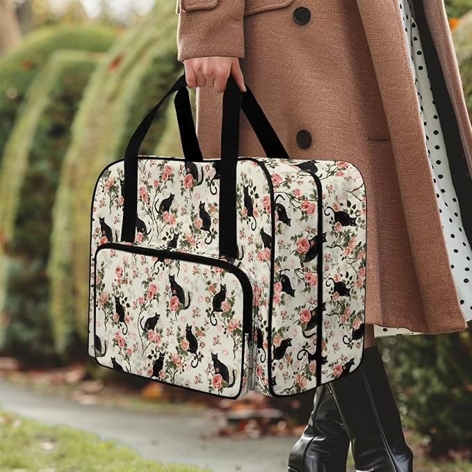Sewing Machine Carrying Bag Universal Travel Tote Bag Portable Sewing Machine Dust Bag Large Capacity Storage Bag for Most Standard Size Sewing Machines and Accessories, Retro Black Cat Rose - Image 3