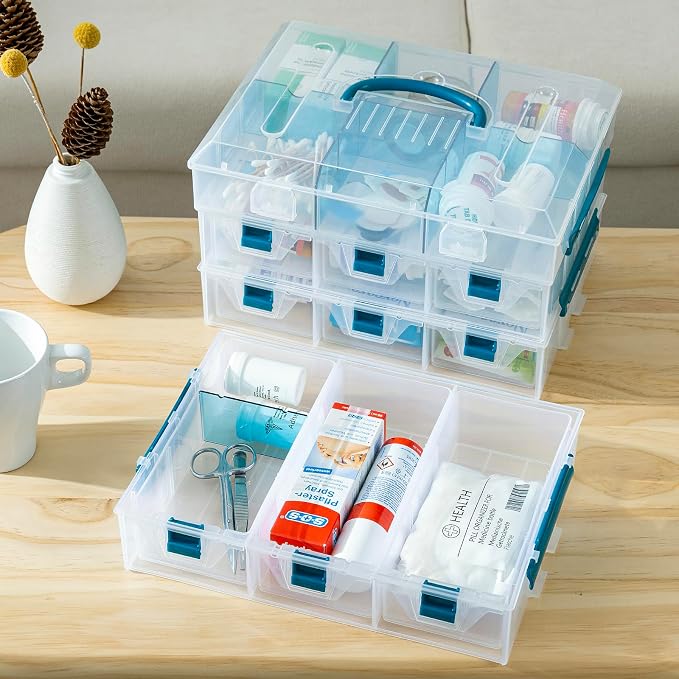 MyGift Single Stackable Tray, Add-on for 11 Inch Clear Arts & Crafts Storage Box with Blue Accents, 9 Compartment Sewing Supplies Organizer 3 Drawers and Removable Dividers - Image 7