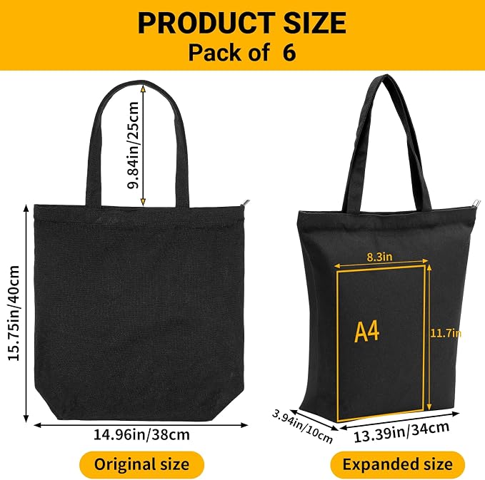Segarty 6 Pcs 15x16x3.9in Reusable Totebags with Zipper & Shoulder Straps, Washable & Sturdy Grocery Tote Bags Foldable for Travel Beach Shopping, Blank Cloth Bags for Crafting Painting Embroidery DIY - Image 3