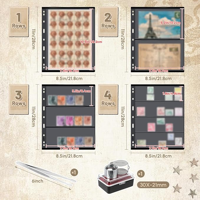 Stamp Collecting Album Binder Kit for Collectors, 1/2/3/4 Rows Banknotes Storage Book with 20 Stamp Pages, 4 Ring Binder, Tweezers and Magnifier, for Paper Money Bill Postage, Beginner Hobbyists Gift - Image 2