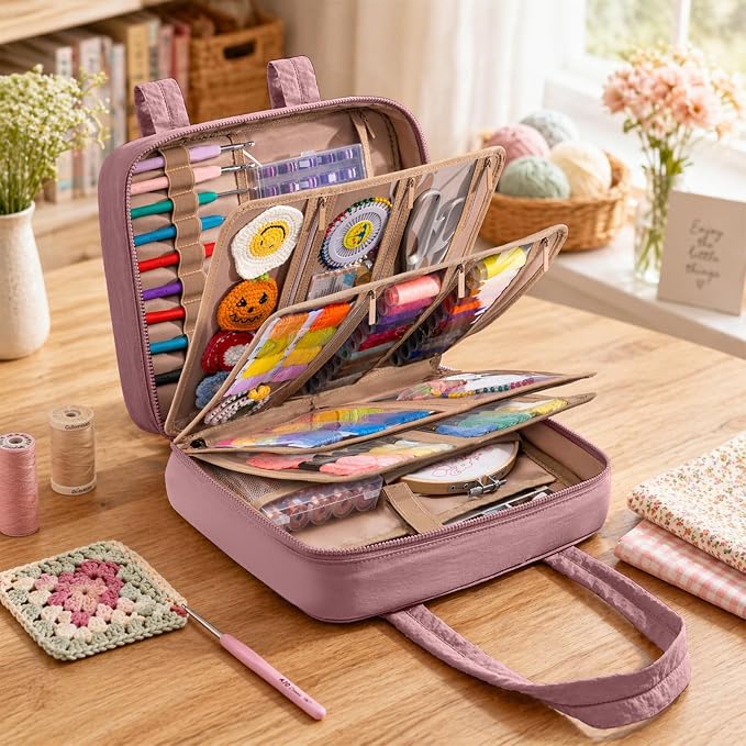AMOIGEE Sewing Supplies Organizer Bag, Large Craft Storage Tote with 17 Clear Pockets&Tool Holders, Portable Crochet Knitting Embroidery Organizer Case for Threads, Hooks, Needles & Sewing Accessories - Image 7