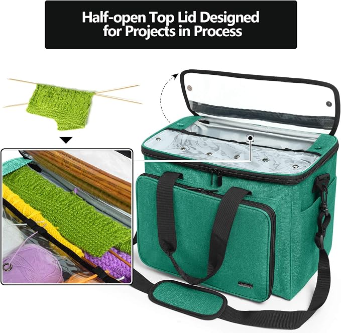Teamoy Knitting Bag, Yarn Storage Organizer Crochet Bag Tote, Green | Yarn Holder with Inner Divider(Sewn to Bottom) for Crochet Hook, Knitting Needles(Up to 14"), Project and Crocheting Supplies - Image 4