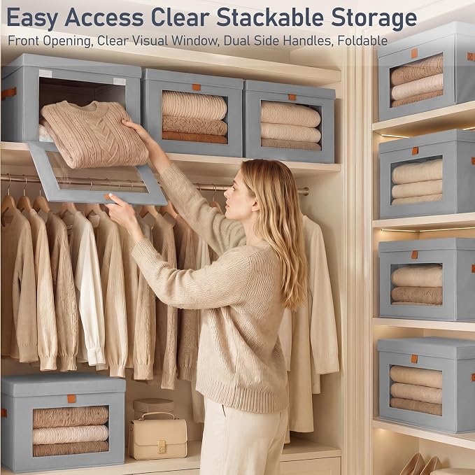 DIMJ Storage Bins with Lids - 5 Pack Front Opening Stackable Fabric Storage Boxes with Clear Window & Handles, Collapsible Closet Organizers for Clothes, Sweaters, Shelf Storage, Bedroom, Gray - Image 2