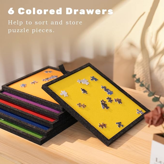 Lavievert 1500 Piece Tilting Puzzle Board with 6 Color Drawers - Dark Gray | 2-in-1 Designed Stand & Cover, Lightweight & Portable, Felt Mat Plateau Storage Jigsaw Table with Non-Slip Surface for Adults - Image 3