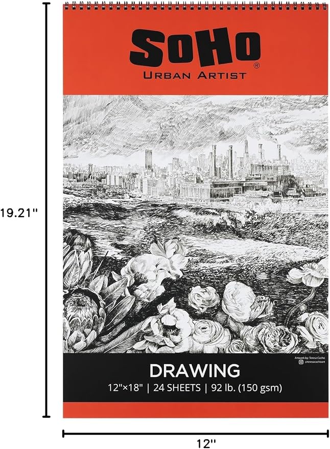 SoHo Urban Artist Softcover Drawing Pad - 12"x18" - 92 lbs/150gsm, Mixed Media, 24 Dual-Sided Sheets, Acid-Free, Wire-Bound, Micro-Perforated, Repeated Erasing & Reworking - Image 7