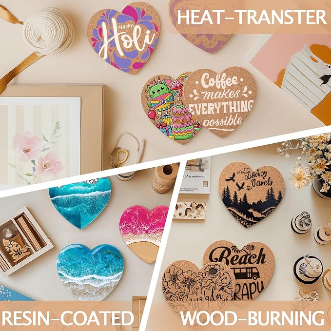 100 PCS Cork Coasters for Laser Engraving, Thick Absorbent Blank Coasters | 4 Inch Heat Resistant Coffee Table Coaster Bulk Plant Saucers Home Decor for Wood Burning, DIY Crafts, Wedding, Party, Heart - Image 7