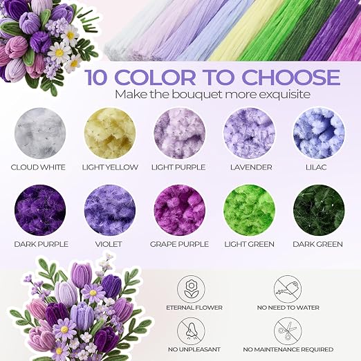 Libima 3800 Pcs Pipe Cleaners Bulk 10 Colors Chenille Stems Craft Supplies 12" Long Fuzzy Sticks 6 mm Teacher Welcome Back Gifts DIY Flower Kits for Art Bouquet Creative Activity Decor (Purple) - Image 3