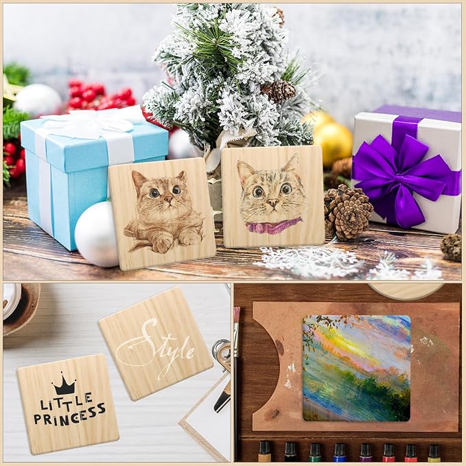 60 Pack 4 Inch Unfinished Square Wood Coasters with Non Slip Pad | Natural Wood Coasters, Blank Wooden Coaster for Crafts DIY Laser Engraving Stained Burning Painting, Home Wedding Table Decor - Image 7