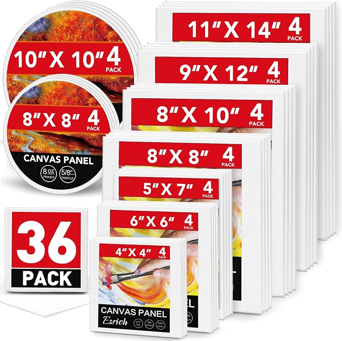 ESRICH Canvases for Painting, 36 Pack Canvas Boards 4x4, 6x6, 8x8, 5x7, 8x10, 9x12, 11x14, Round Canvas Panels with 8x8,10x10-Cotton Primed Blank Large Canvases for Acrylic, Oil, Gouache & Tempera. by ESRICH