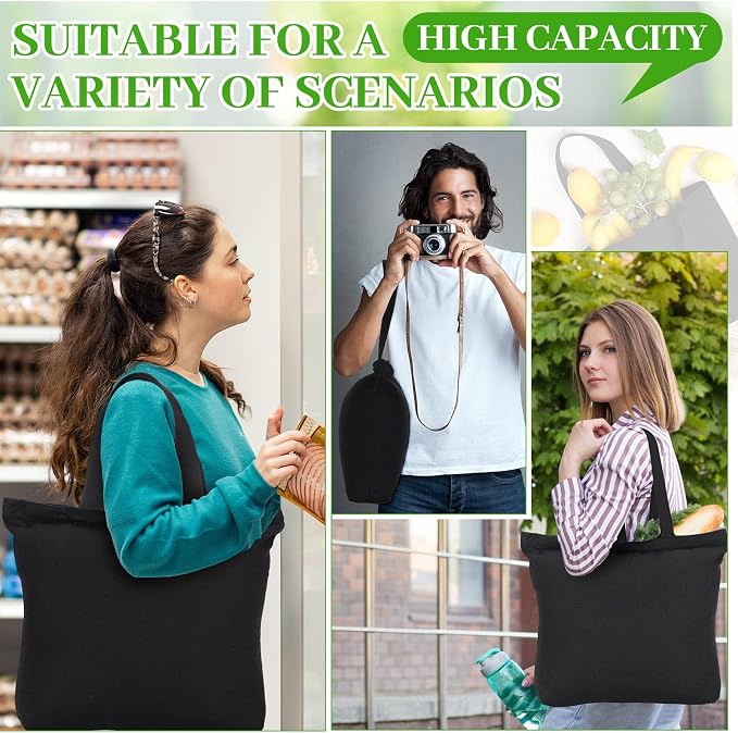 Silkfly 30 Pcs Canvas Tote Bags Bulk 16.5x13.4'' Blank Cotton Canvas Bag with Zipper Handles Reusable Plain Grocery Makeup Handbag for DIY(Black) - Image 2