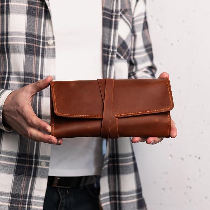 Handmade Artist Pencil Case for Adults Women, Leather Pencil Roll, Artist Gifts, Pencil Wrap Roll Up, Leather Paint Brush Case, Warm Brown - Image 7