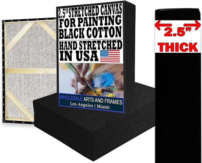 Black Canvases for Painting 8X8 5PK 2.5" 13Oz Black Art Canvas Large 8X8 Stretched Canvas for Painting 8 X 8 Bulk Canvas Value Pack. Blank 8 X 8 Canvases Universal Primed Oil,Acrylic,Gouache by WHOLESALEARTSANDFRAMES
