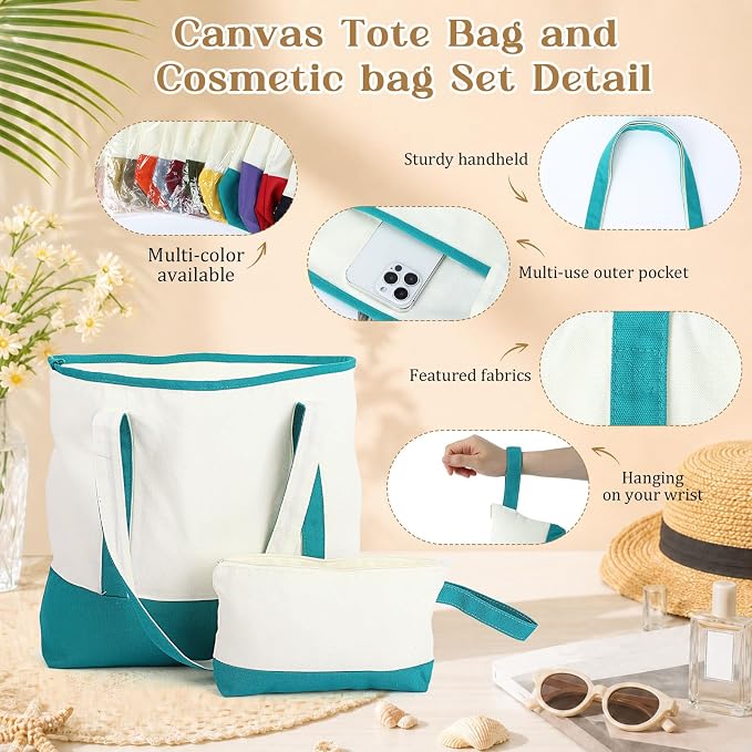 Sanwuta 24 Pcs Canvas Tote Bags Bulk with Outer Pocket and Makeup Pouch 18'' Reusable Grocery Bags with Handles for Women Beach DIY (Assorted) - Image 4