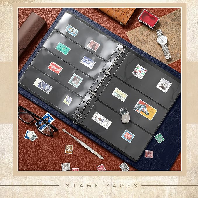 Stamp Collecting Album Binder Kit for Collectors, 1/2/3/4 Rows Banknotes Storage Book with 20 Stamp Pages, 4 Ring Binder, Tweezers and Magnifier, for Paper Money Bill Postage, Beginner Hobbyists Gift - Image 4
