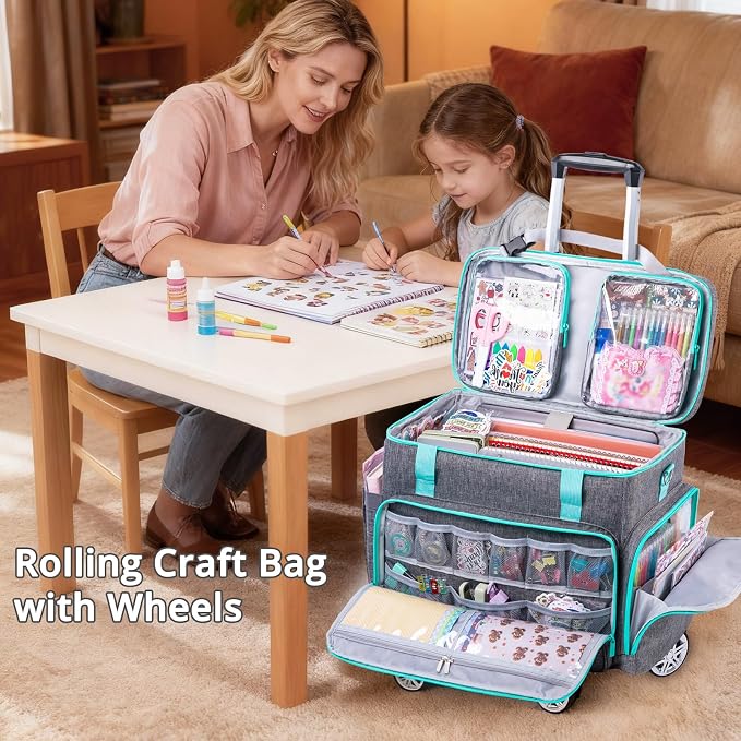 AMOIGEE Rolling Tote Bag with Wheels and Handle, Sewing Machine Case, Craft Organizer Tote for Scrapbooking Storage, Teacher Rolling Bag, Craft Supply Storage, Art Bag, Rolling Cart for Teachers - Image 7