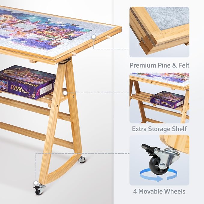 Lavievert 1500 Piece Tilting Puzzle Table with 5 Colored Drawers & Cover | Multiple Adjustable Tilt Angles, Space-Saving Design, Portable Wooden Board Jigsaw Table with Storage & Legs for Adults - Image 5