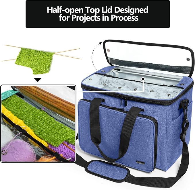 Teamoy Knitting Bag, Yarn Storage Organizer Crochet Bag Tote, Dark Blue | Yarn Holder with Inner Divider(Sewn to Bottom) for Crochet Hook, Knitting Needles(Up to 14"), Project and Crocheting Supplies - Image 4