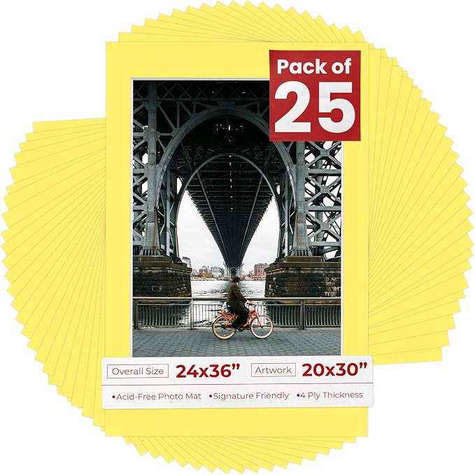20x30 Mat for 24x36 Frame - Precut Mat Board Acid-Free Yellow 20x30 Photo Matte Made to Fit a 24x36 Picture Frame, Premium Matboard for Family Photos, Show Kits, Art, Picture Framing, Pack of 25 Mats by PosterPalooza