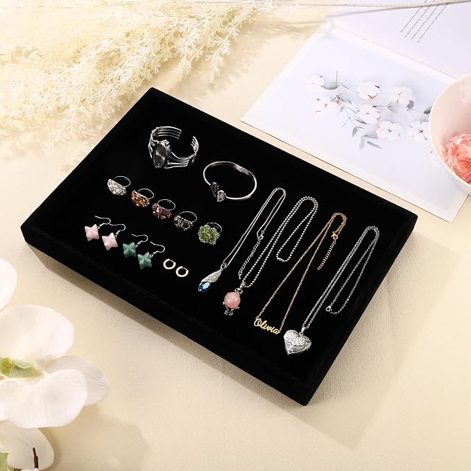 4 Pcs 13.8"x9.5" Velvet Jewelry Tray Jewelry Display Tray Stackable Plate | Jewelry Organizer Trays for Earrings Necklaces Bracelet Rings Display Showcase - Black - Image 5